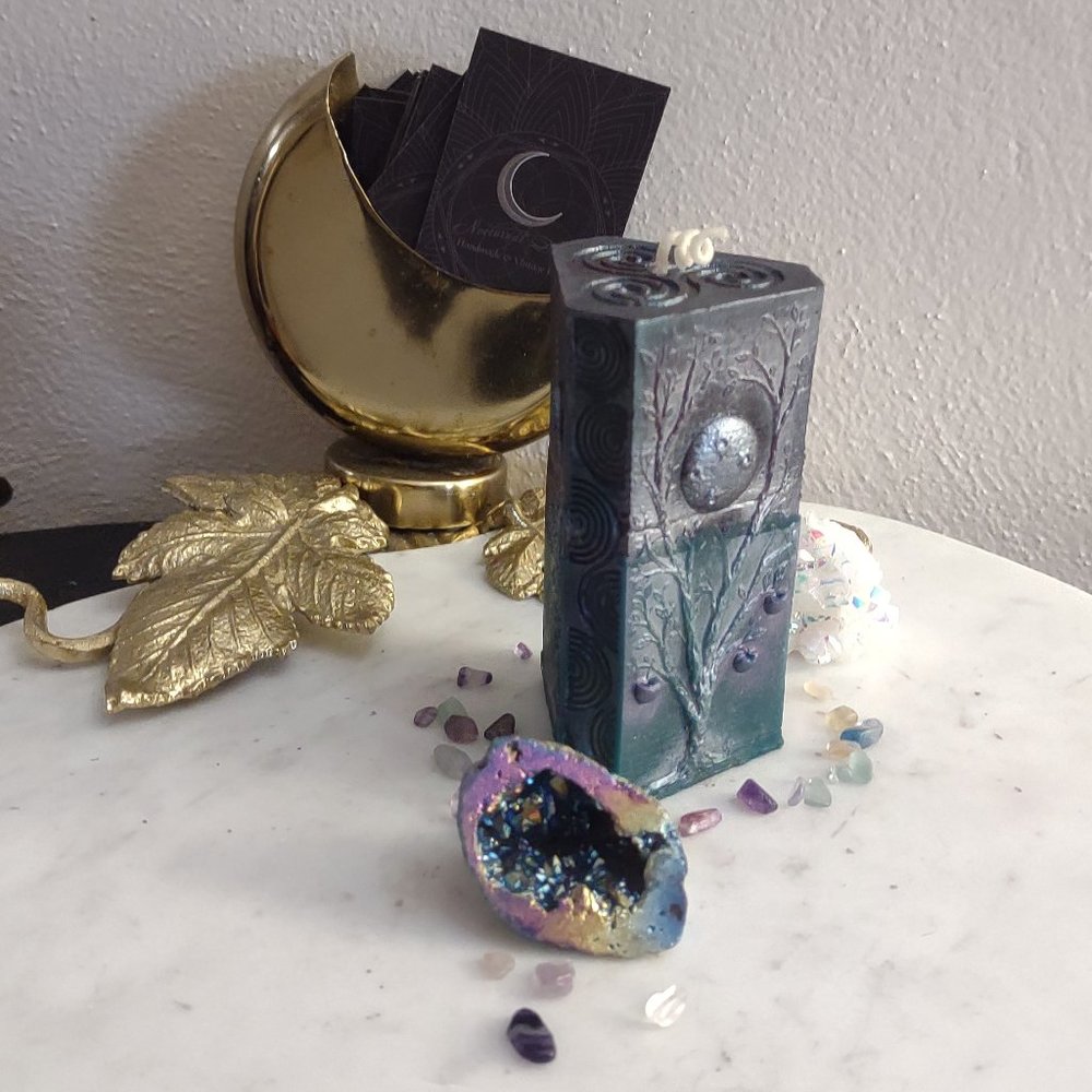 Triskelion Triple Moon Phases Equinoxes Wiccan Black Beeswax Candle w/ Crystal